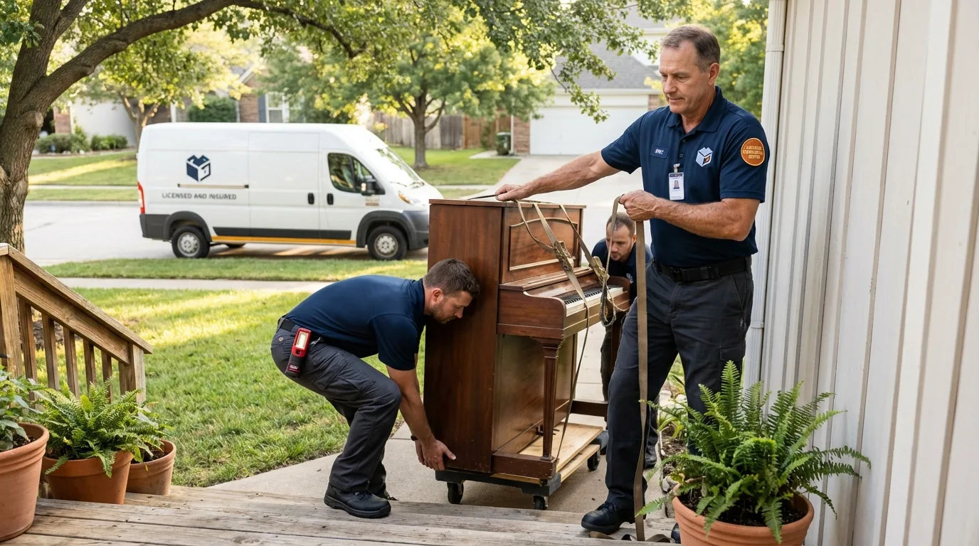 Licensed piano movers securing grand piano in Cairo, IL