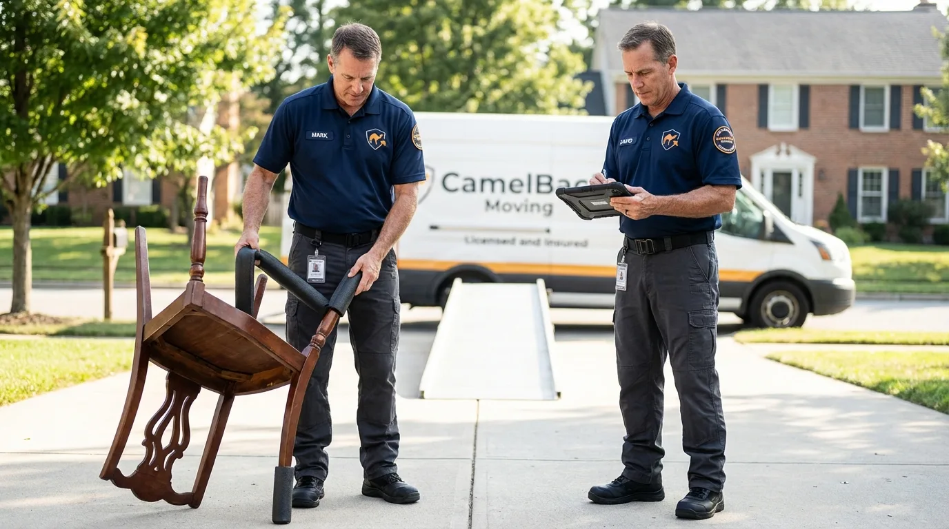 Movers inspecting furniture for damage prevention before loading in Cairo, IL